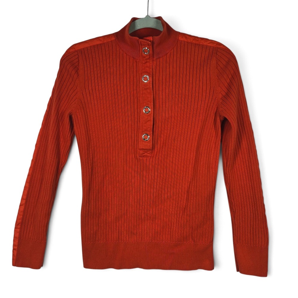 Lauren Active Sweater Women M Ribbed Mock Neck Orange Snap Button Cotton EUC Top